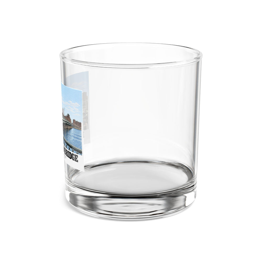 Clear rocks glass side view with part of the Harvard Bridge print visible at the left