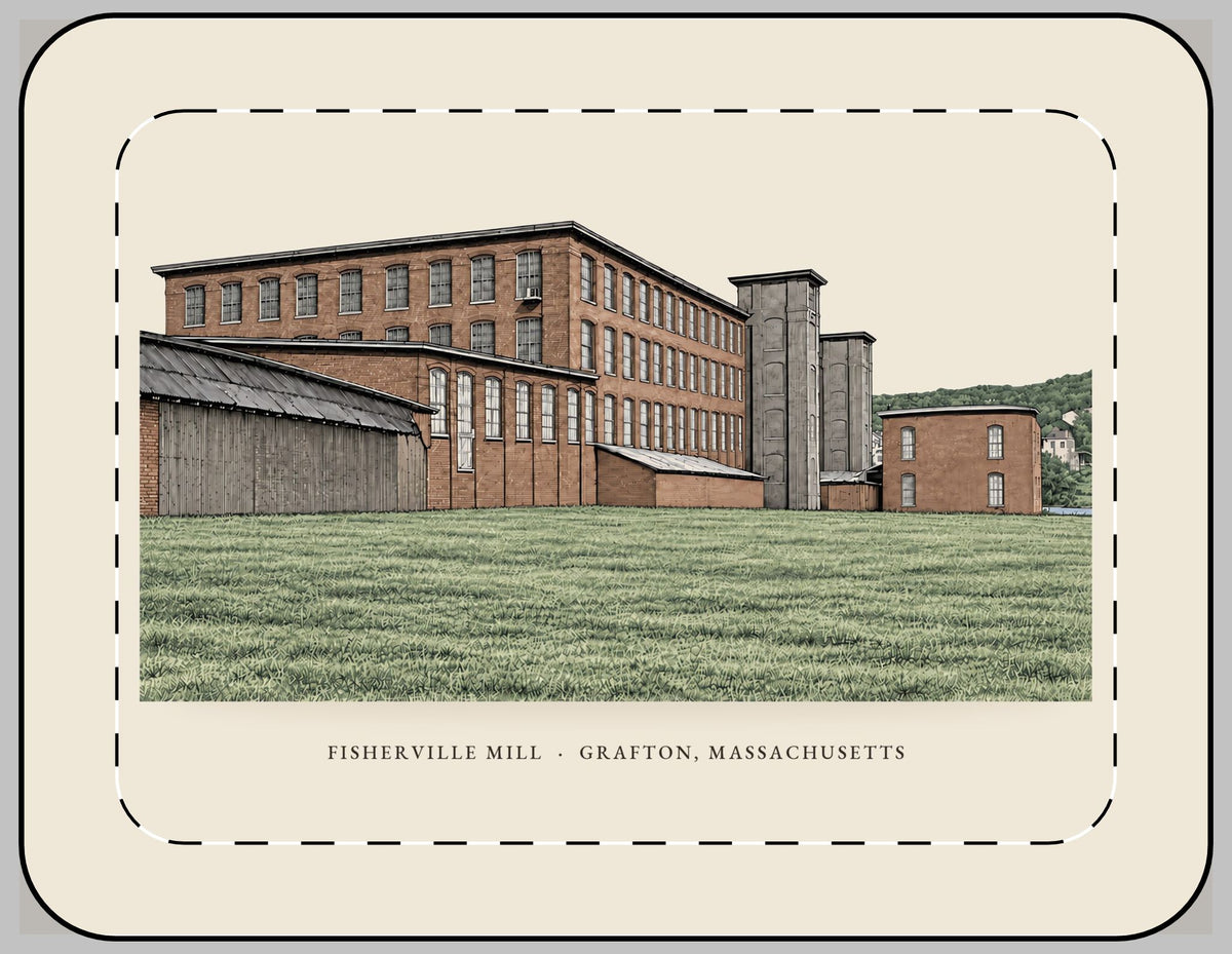 Grafton Fisherville Mill 13-inch laptop sleeve mockup showing the full illustrated print