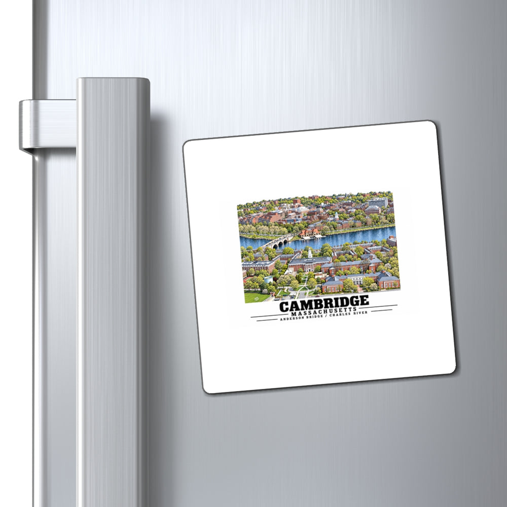 Illustrated Aerial view of Cambridge with Charles River past Harvard University in Cambridge and Boston on square magnet