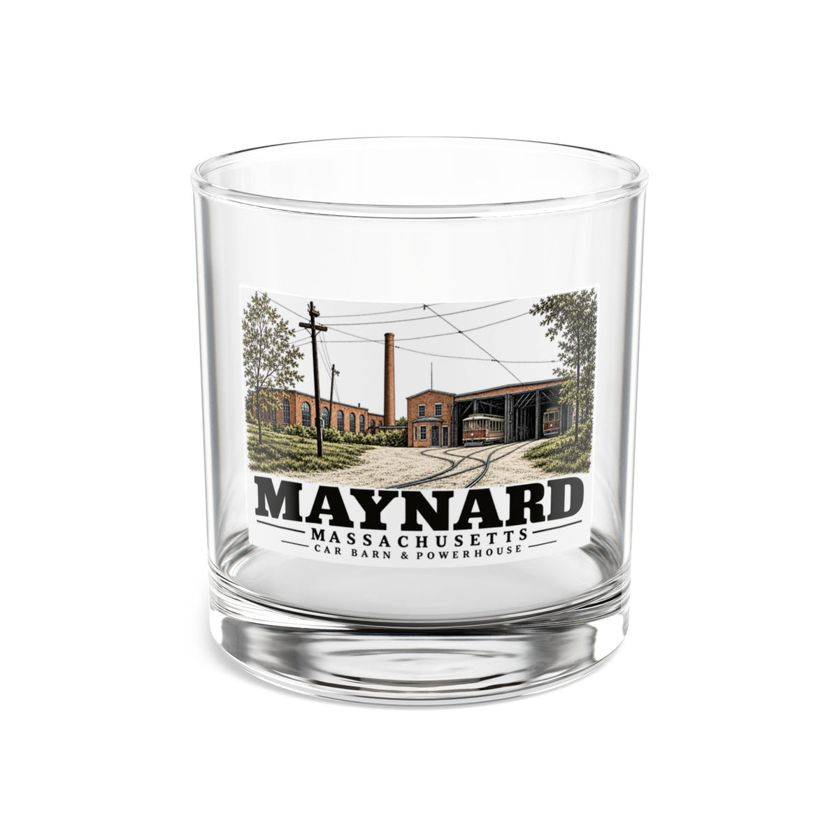 Illustrated Car Barn & Powerhouse in Maynard on rocks glass