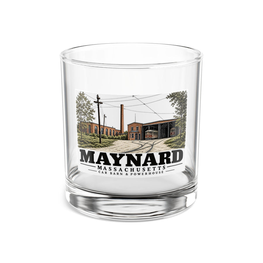 Illustrated Car Barn & Powerhouse in Maynard on rocks glass