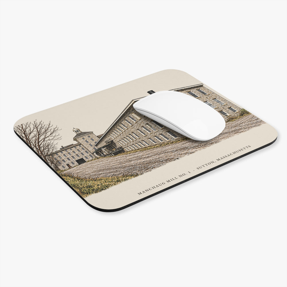 Sutton Manchaug Mill No. 1 mouse pad mockup showing the full illustrated print