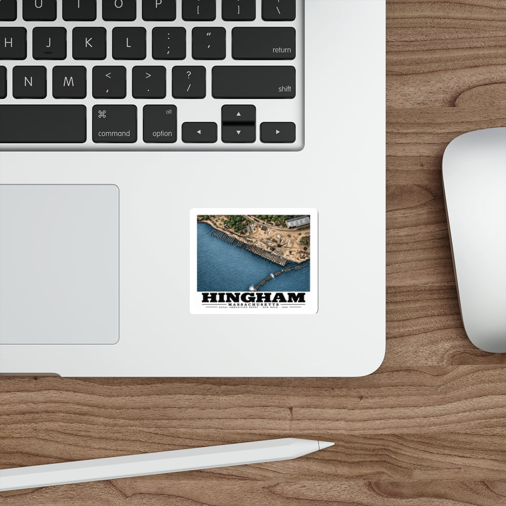 Construction of New Dock at Old USNAD Hingham, MA 4 in White Die-Cut Sticker - Boston Harbor