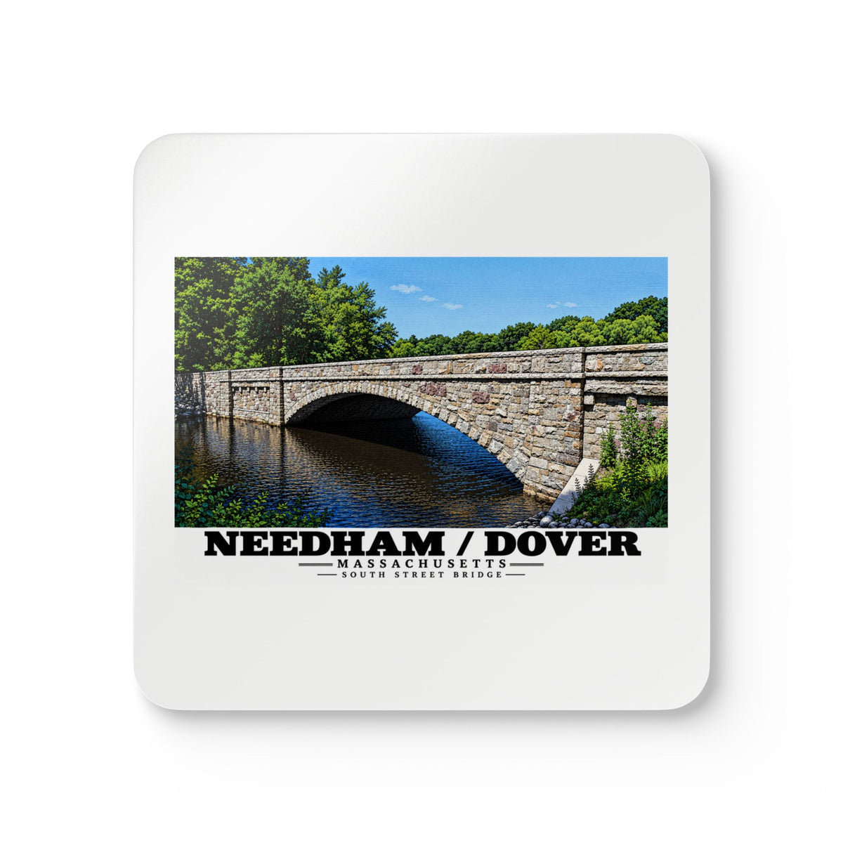 White square coaster showing South Street Bridge stone arch and river artwork and Needham/Dover lettering