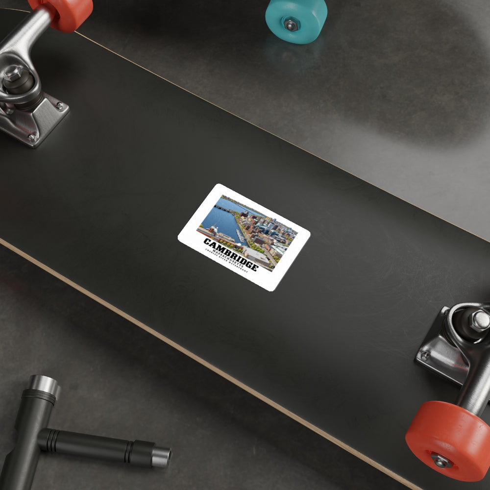 Sticker showing Cambridge Charles River waterfront aerial city view artwork on the underside of a skateboard
