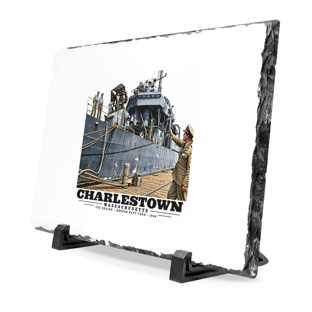 Illustrated USS Braine at Boston Navy Yard in Charlestown on slate desk plaque