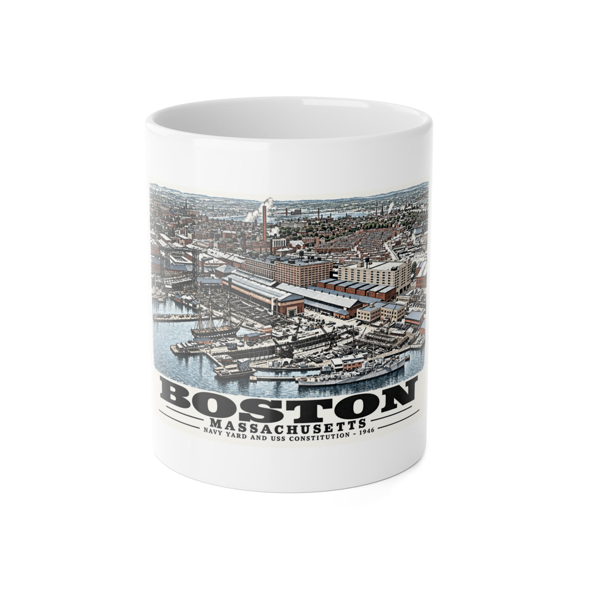 Illustrated Dry Dock 5 and Constitution Pier in Charlestown on ceramic mug