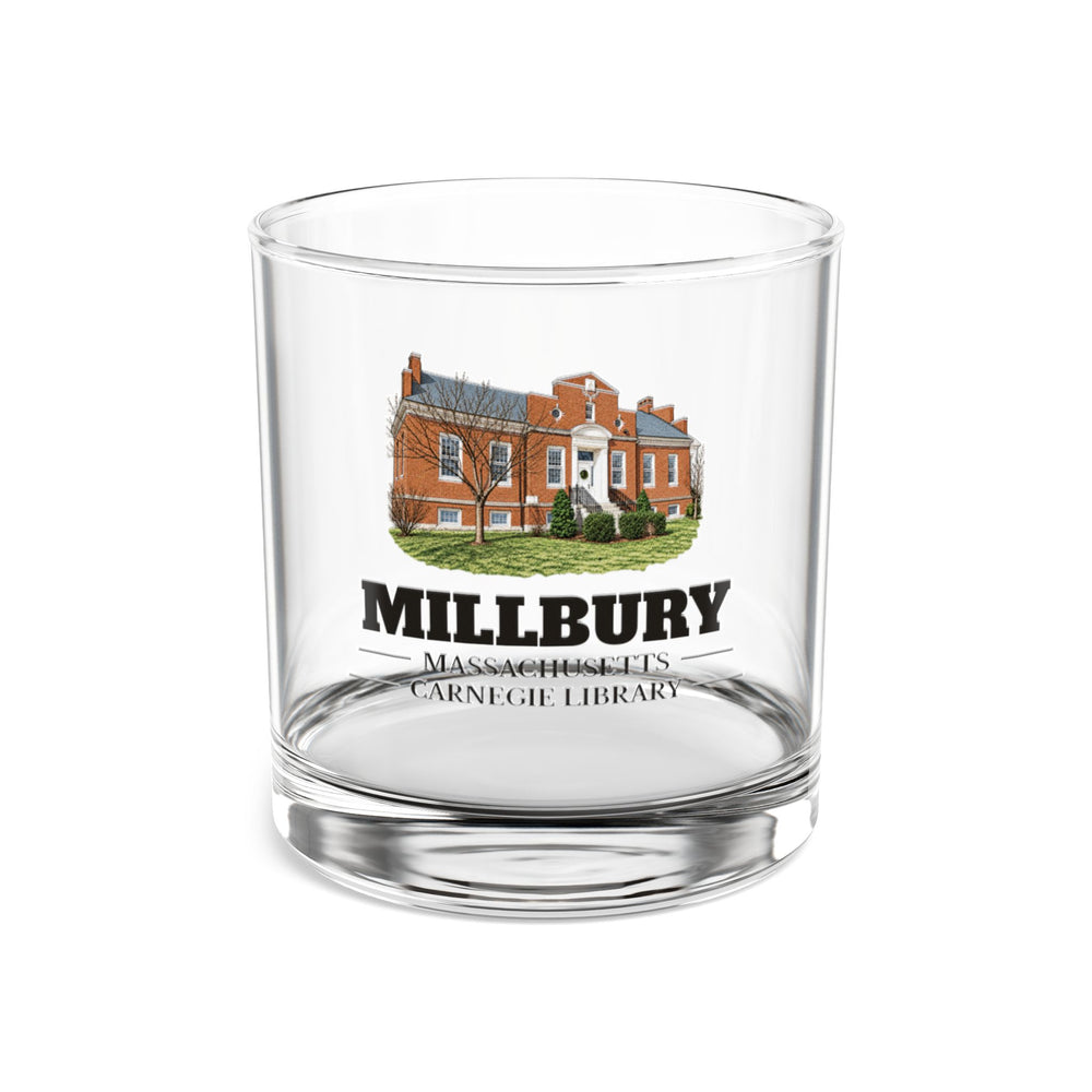 Front view of the Millbury Carnegie Library artwork printed on a clear 10 oz rocks glass