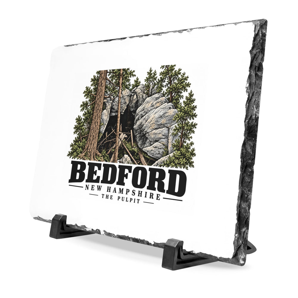 Angled front on display stands of The Pulpit slate desk plaque, with Bedford, New Hampshire artwork and lettering.