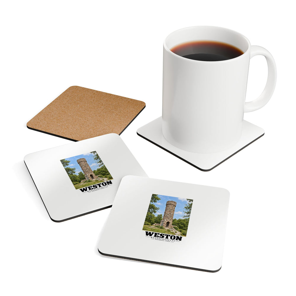 Illustrated Norumbega Tower in Weston on corkwood coaster set