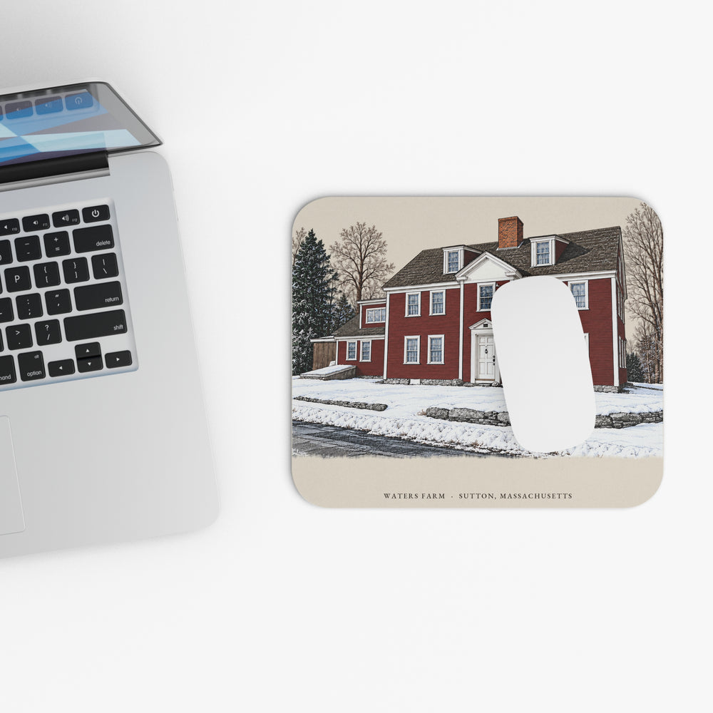 Sutton Waters Farm mouse pad mockup showing the full illustrated print