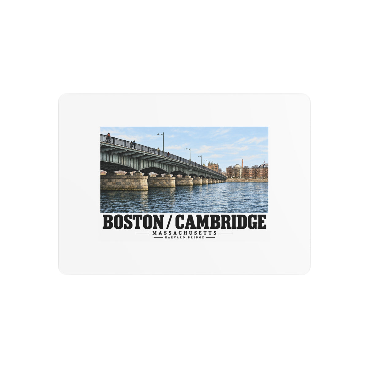 Metal sign front with Harvard Bridge artwork and Boston/Cambridge lettering