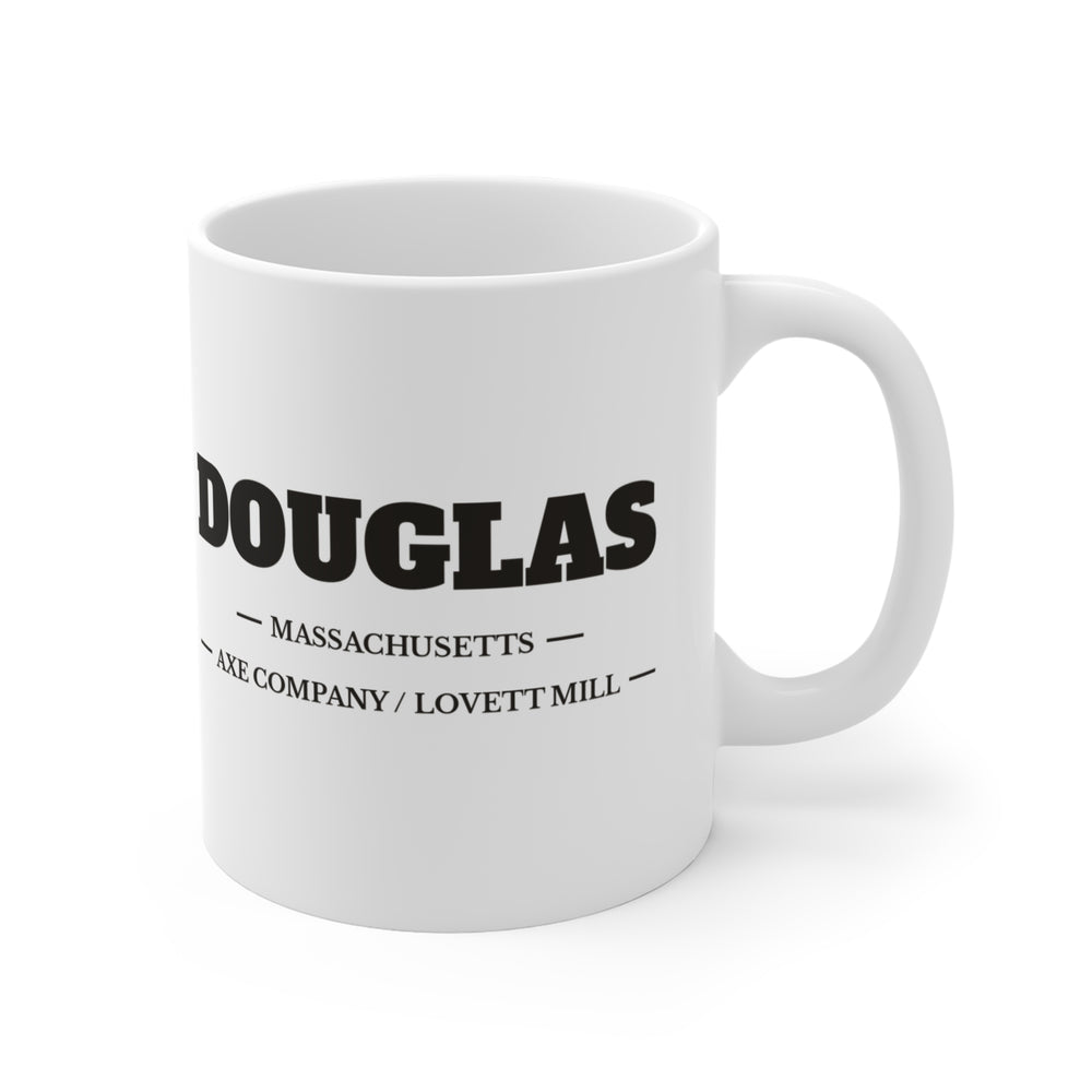 Douglas Axe Company / Lovett Mill 11 oz ceramic mug — lettering view, handle right — Familiar History