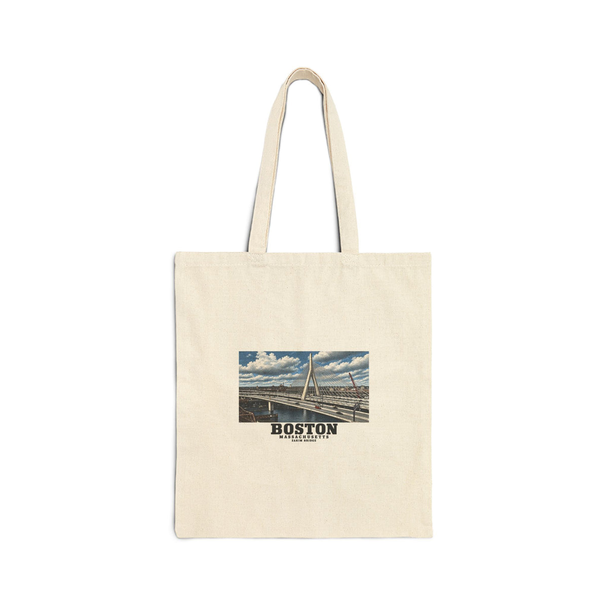 Natural fabric tote with Zakim Bunker Hill Bridge cable-stayed towers and Charles River artwork and Boston lettering