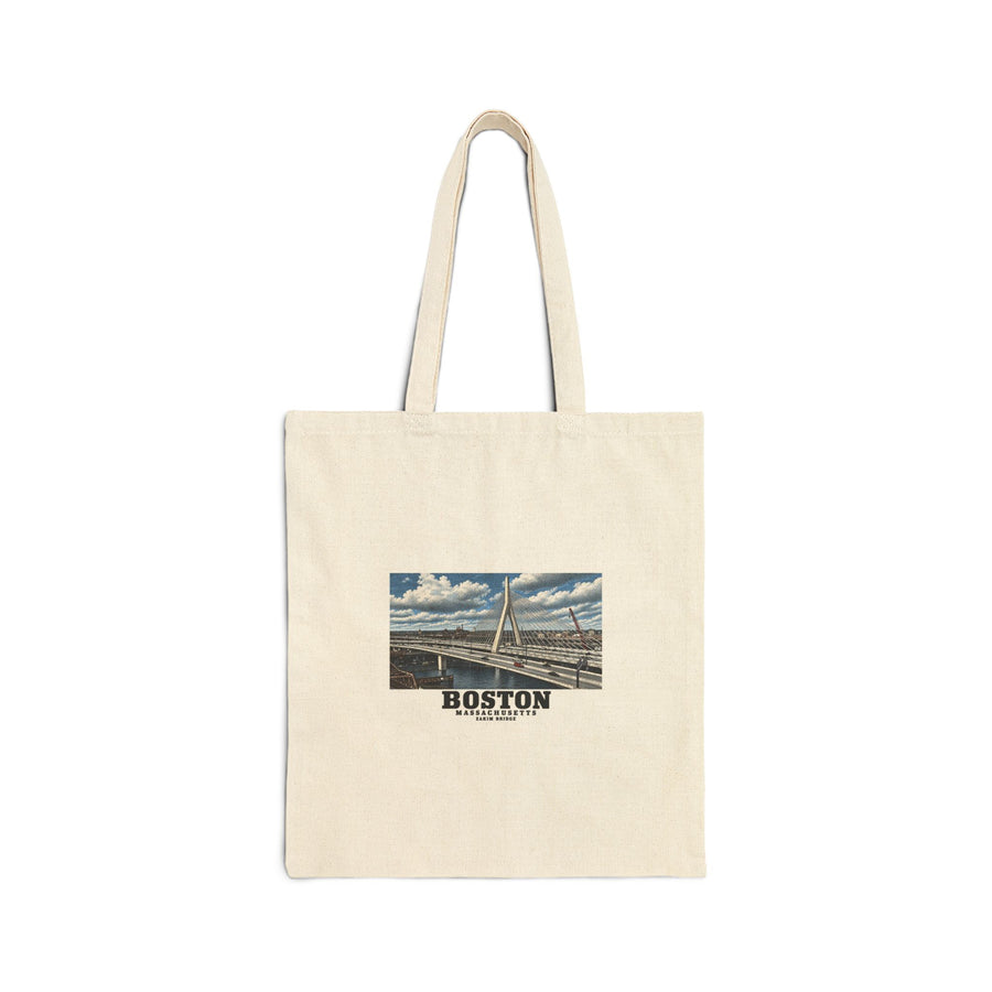Natural fabric tote with Zakim Bunker Hill Bridge cable-stayed towers and Charles River artwork and Boston lettering