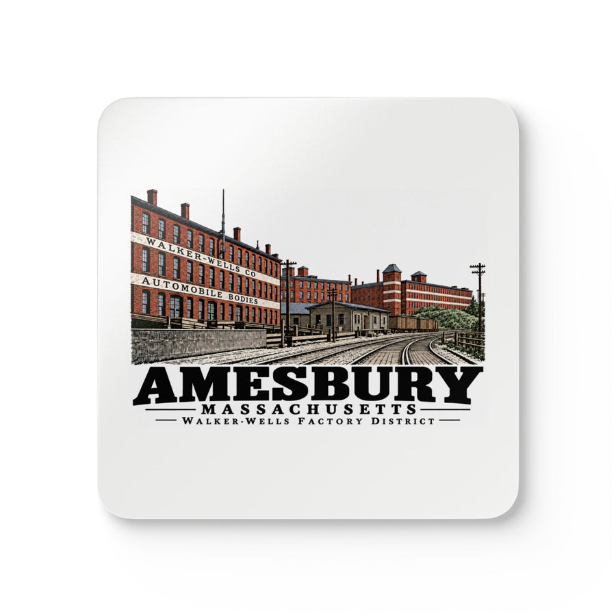 Front of Walker-Wells Factory District square cork-backed coaster set, Amesbury, Massachusetts.