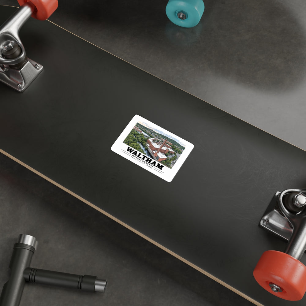 Illustrated Boston Manufacturing Company in Waltham on die-cut sticker