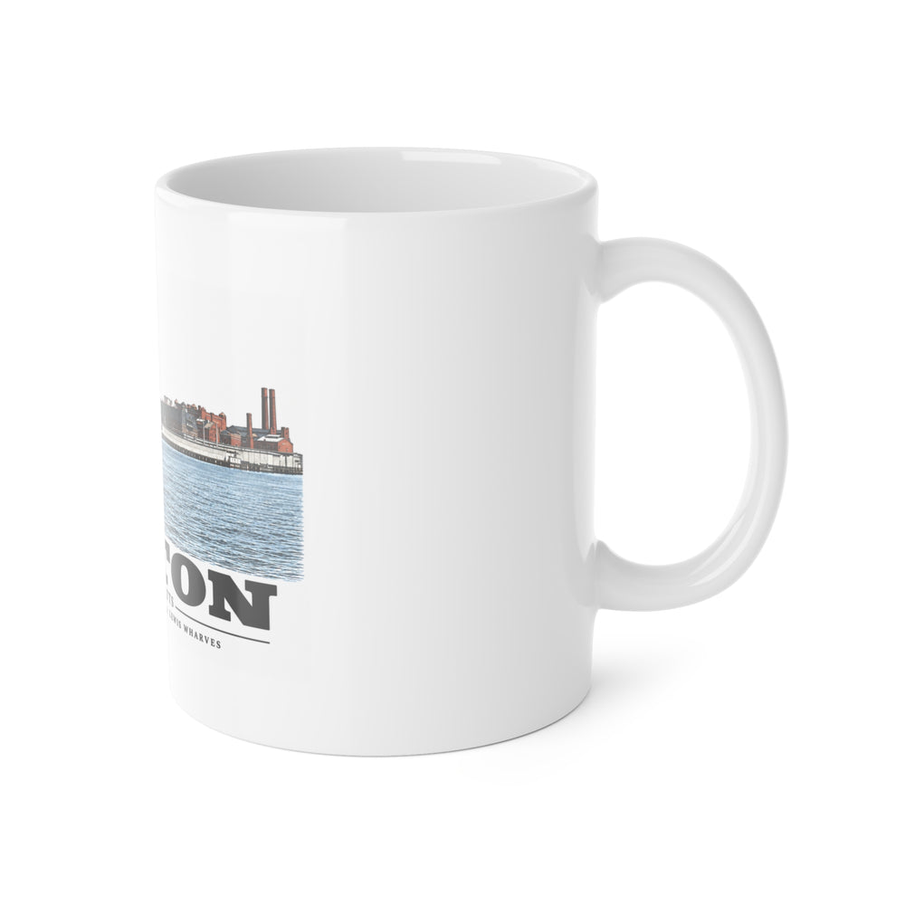 Long Wharf left to Commercial and Lewis right 11 oz White Ceramic Mug - Boston Harbor