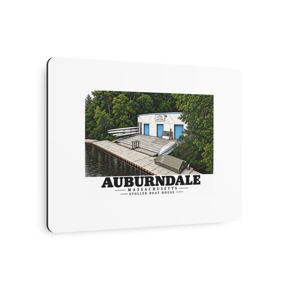 Angled front view of the Auburndale Stoller Boathouse metal art sign.