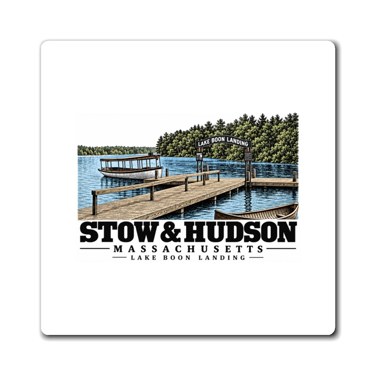 Illustrated Lake Boon Landing in Stow and Hudson on square magnet