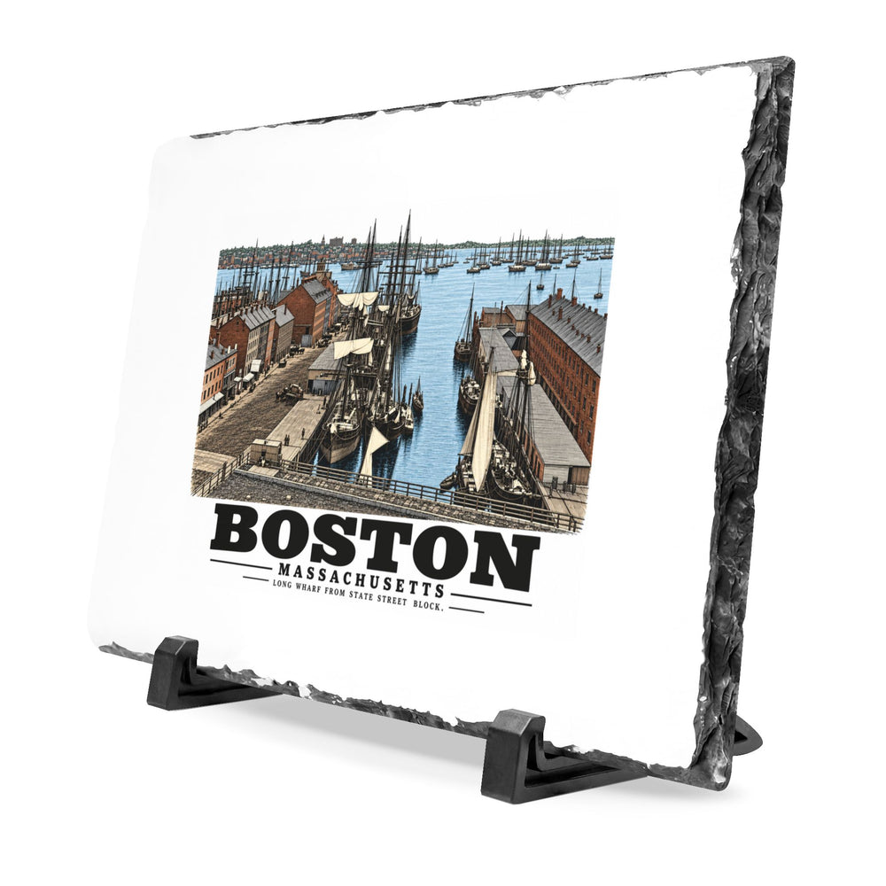 Long Wharf, from State St. block 7 × 11 in Slate Desk Plaque - Boston Harbor