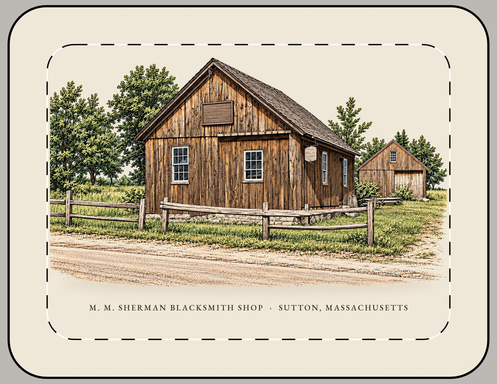 Sutton M. M. Sherman Blacksmith and Wheelwright Shop 15-inch laptop sleeve mockup showing the full illustrated print