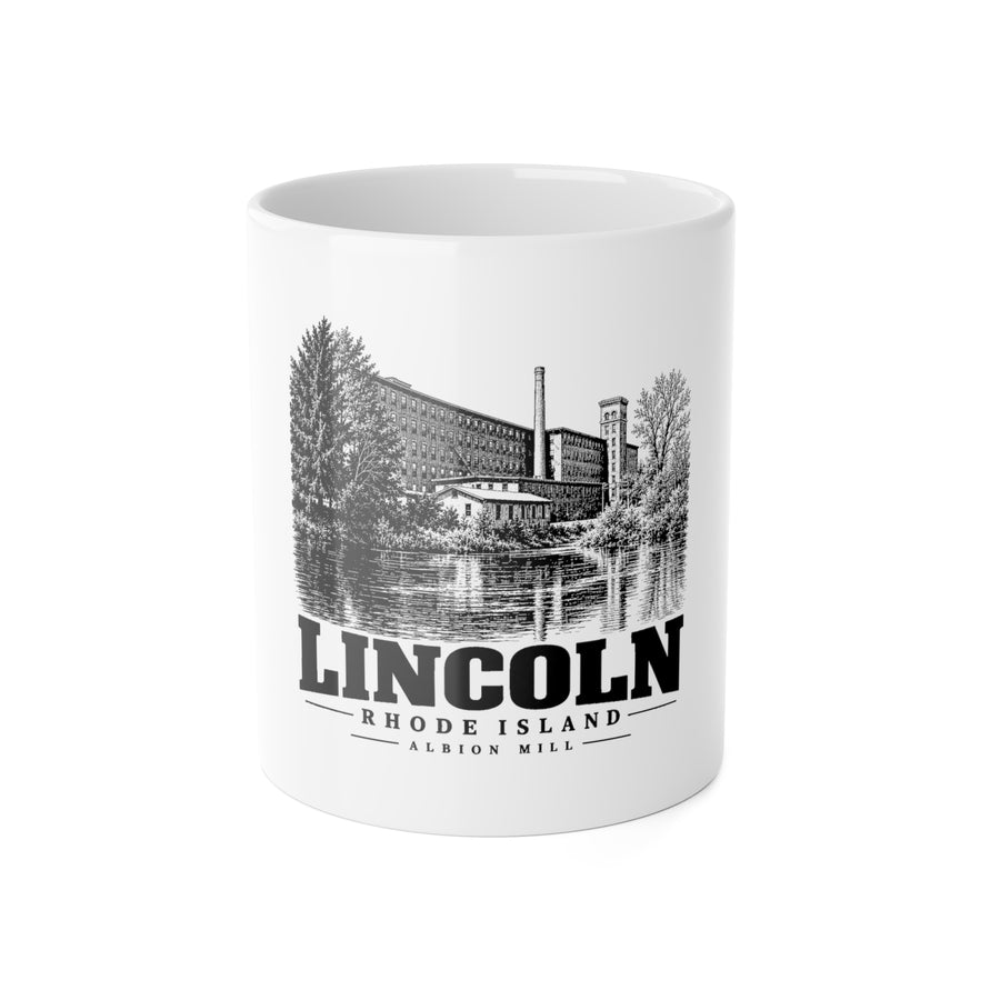 Front view of a white ceramic mug with black-and-white Lincoln, Rhode Island artwork of Albion Mill