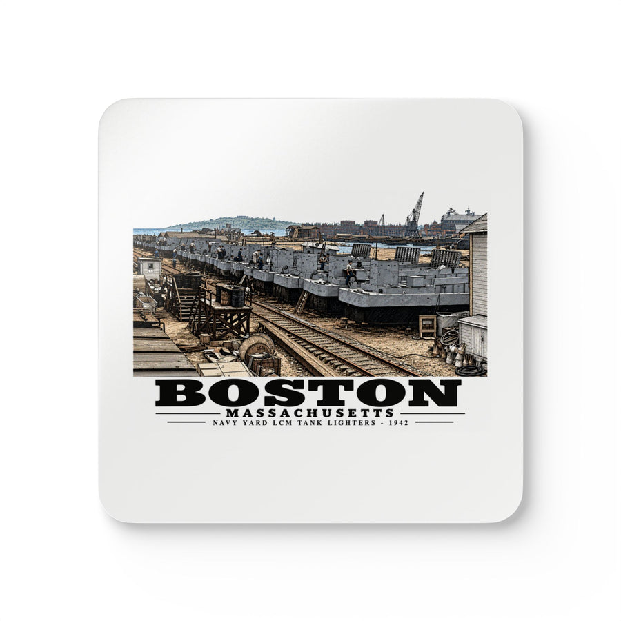 Illustrated Tank Lighters at Boston Navy Yard in Charlestown on corkwood coaster set