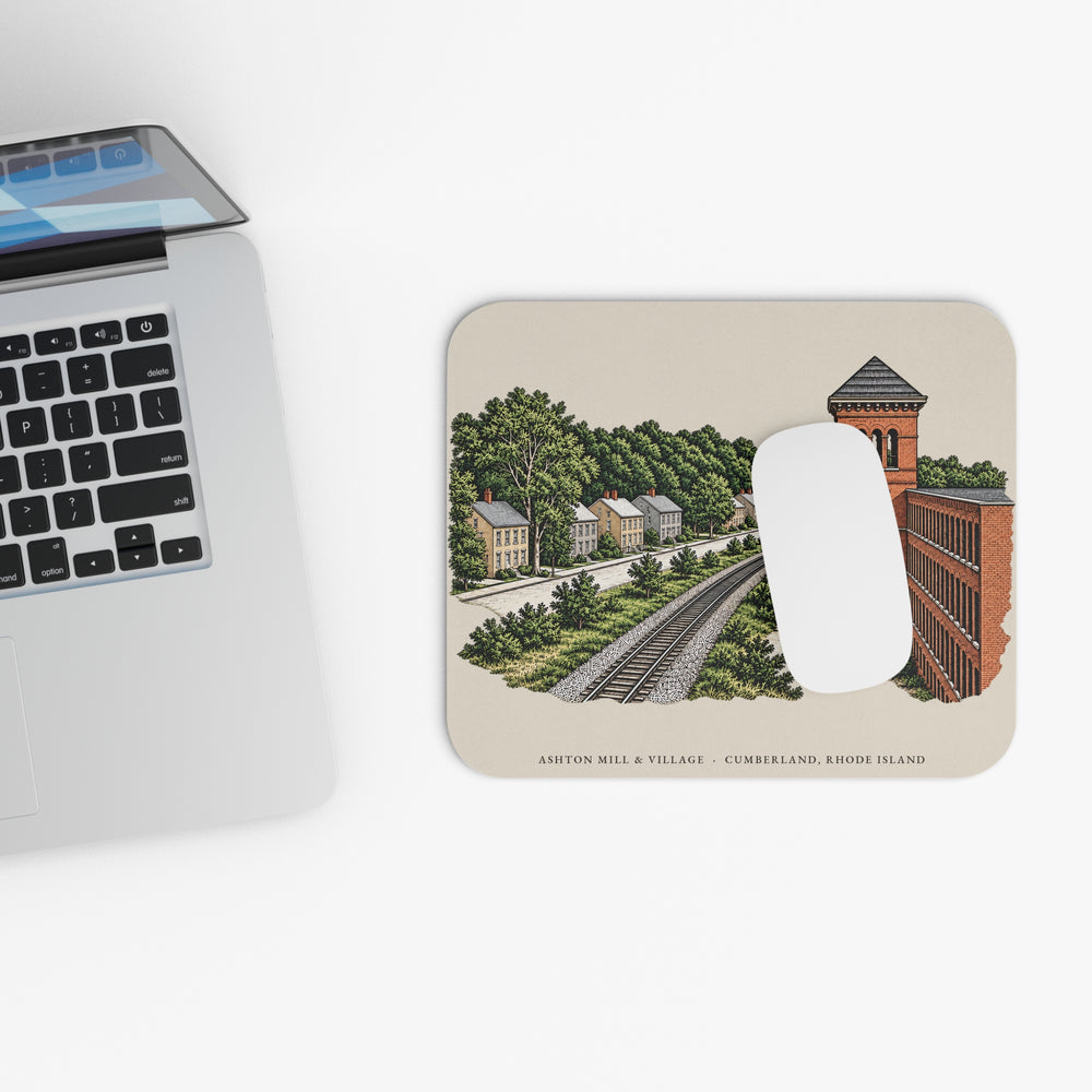 Cumberland Ashton Mill & Village mouse pad mockup showing the full illustrated print