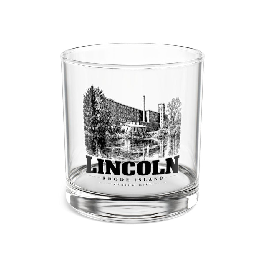 Front view of clear 10 oz rocks glass with black printed Albion Mill artwork, Lincoln, Rhode Island