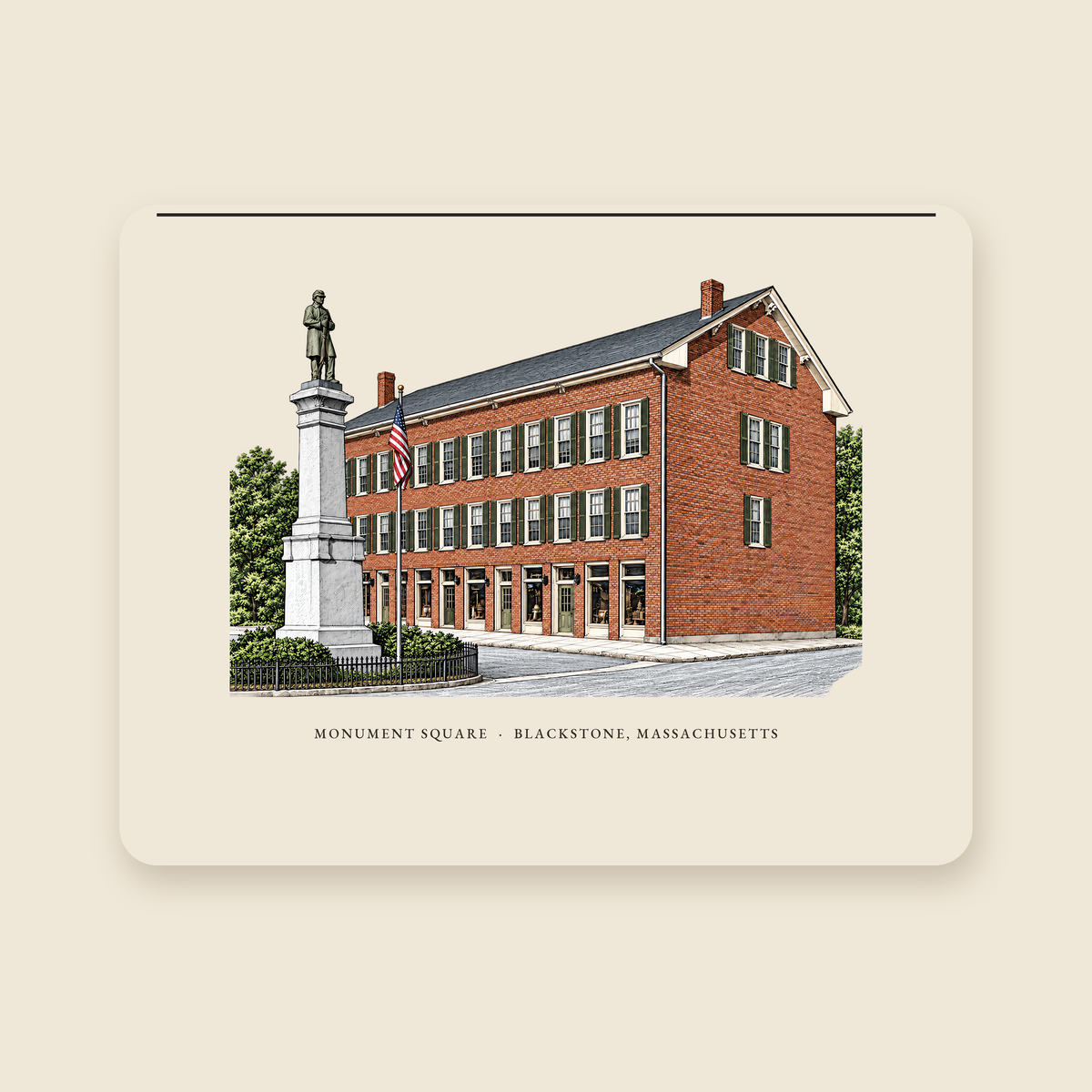 Blackstone Monument Square / Blackstone Block illustrated laptop sleeve with the caption MONUMENT SQUARE · BLACKSTONE, MASSACHUSETTS, shown on a cream background