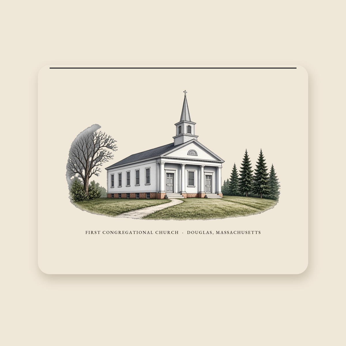 Douglas First Congregational Church illustrated laptop sleeve with the caption FIRST CONGREGATIONAL CHURCH · DOUGLAS, MASSACHUSETTS, shown on a cream background