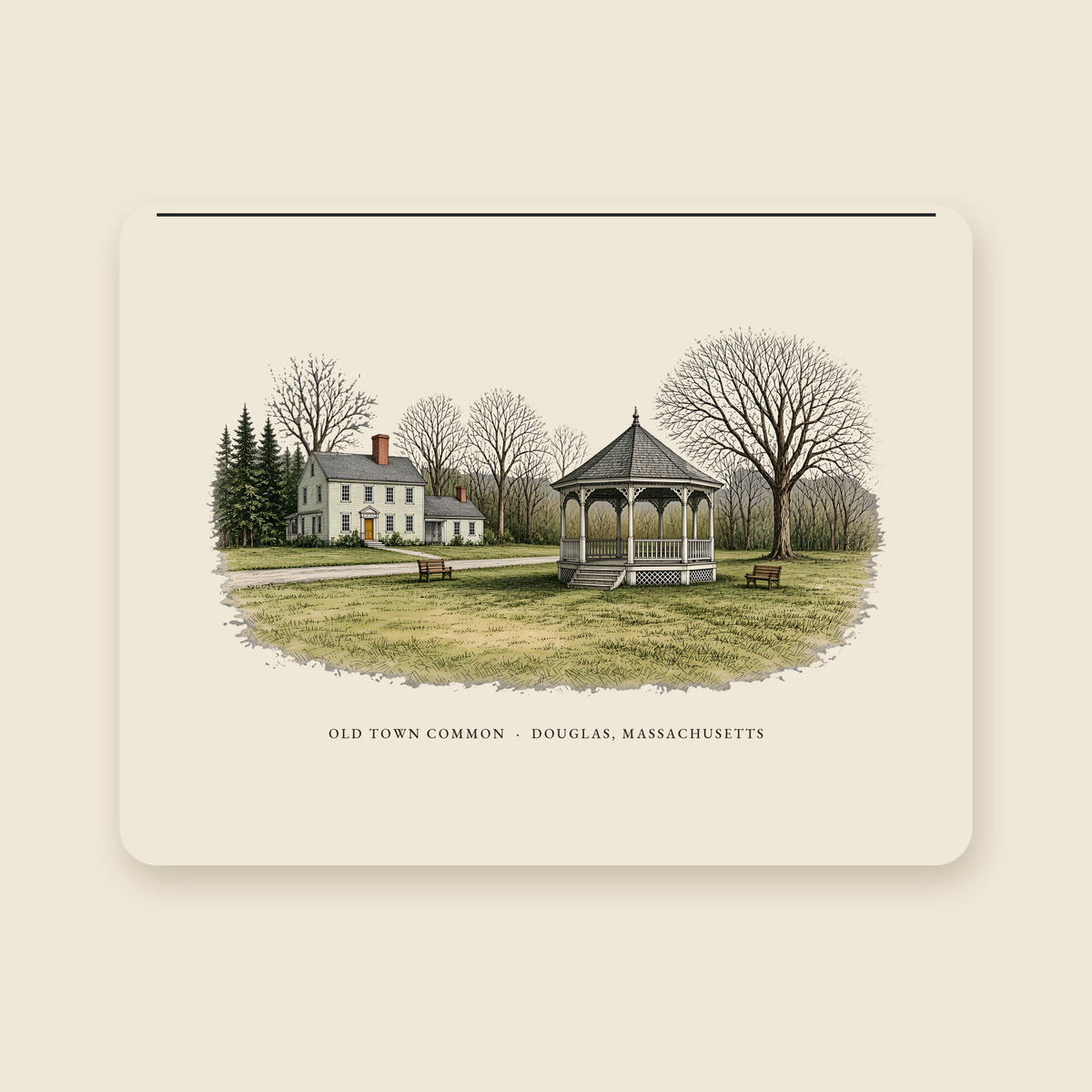 Douglas Old Town Common illustrated laptop sleeve with the caption OLD TOWN COMMON · DOUGLAS, MASSACHUSETTS, shown on a cream background