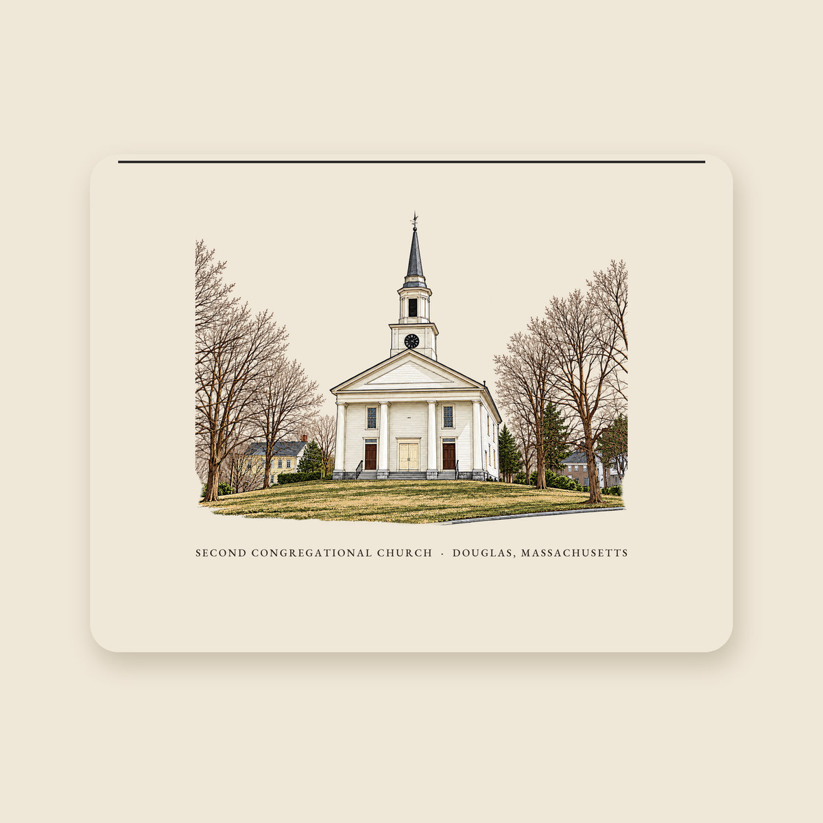 Douglas Second Congregational Church illustrated laptop sleeve with the caption SECOND CONGREGATIONAL CHURCH · DOUGLAS, MASSACHUSETTS, shown on a cream background