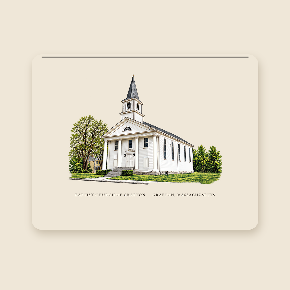 Grafton Baptist Church of Grafton illustrated laptop sleeve with the caption BAPTIST CHURCH OF GRAFTON · GRAFTON, MASSACHUSETTS, shown on a cream background