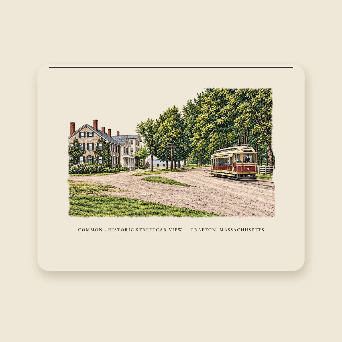 Grafton Common - Historic Streetcar View illustrated laptop sleeve with the caption COMMON - HISTORIC STREETCAR VIEW · GRAFTON, MASSACHUSETTS, shown on a cream background