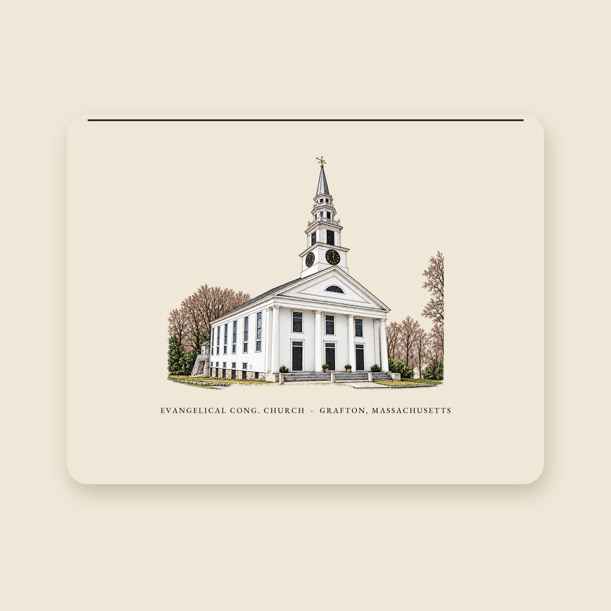 Grafton Evangelical Congregational Church illustrated laptop sleeve with the caption EVANGELICAL CONG. CHURCH · GRAFTON, MASSACHUSETTS, shown on a cream background