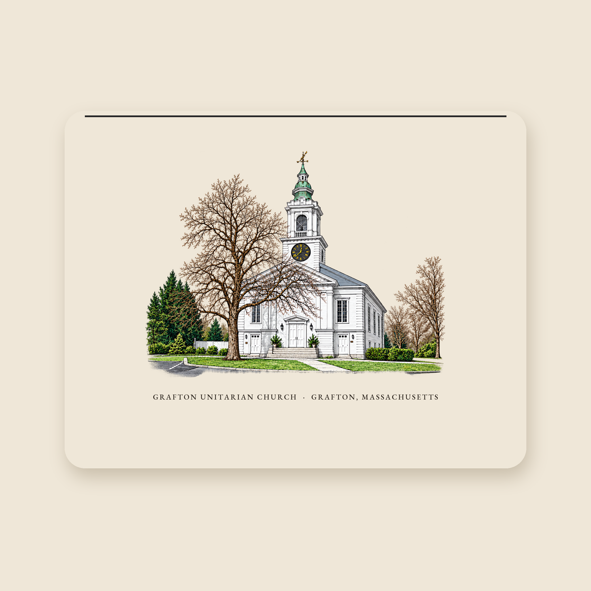 Grafton Unitarian Church at Grafton Common illustrated laptop sleeve with the caption GRAFTON UNITARIAN CHURCH · GRAFTON, MASSACHUSETTS, shown on a cream background
