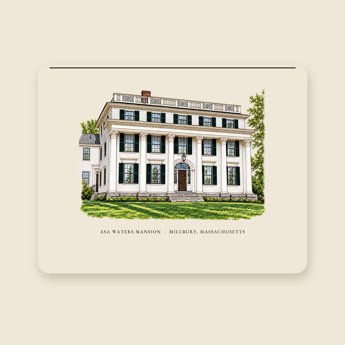 Millbury Asa Waters Mansion illustrated laptop sleeve with the caption ASA WATERS MANSION · MILLBURY, MASSACHUSETTS, shown on a cream background