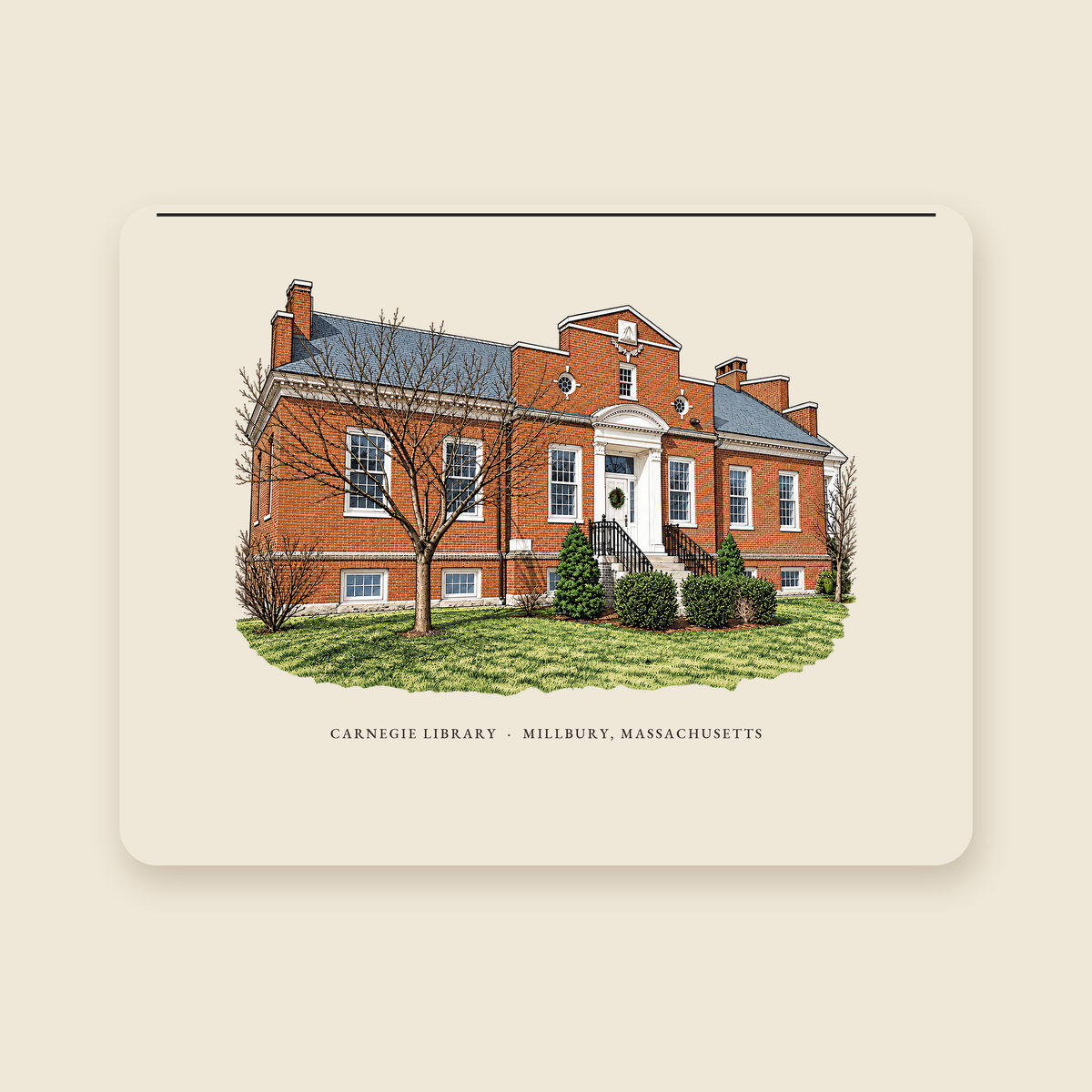 Millbury Carnegie Library illustrated laptop sleeve with the caption CARNEGIE LIBRARY · MILLBURY, MASSACHUSETTS, shown on a cream background
