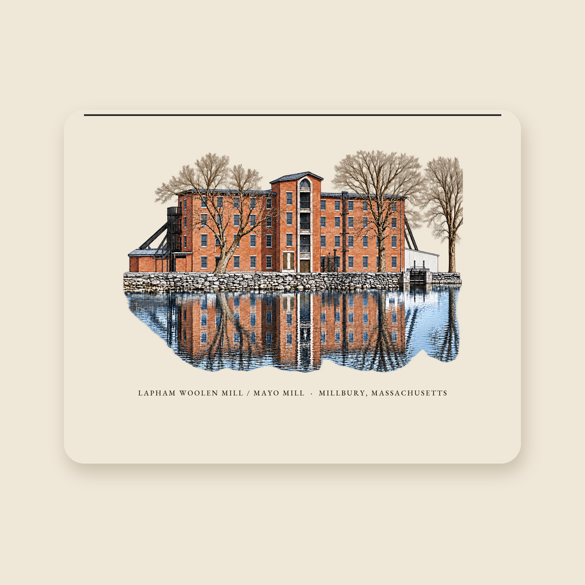 Millbury Lapham Woolen Mill / Mayo Mill illustrated laptop sleeve with the caption LAPHAM WOOLEN MILL / MAYO MILL · MILLBURY, MASSACHUSETTS, shown on a cream background