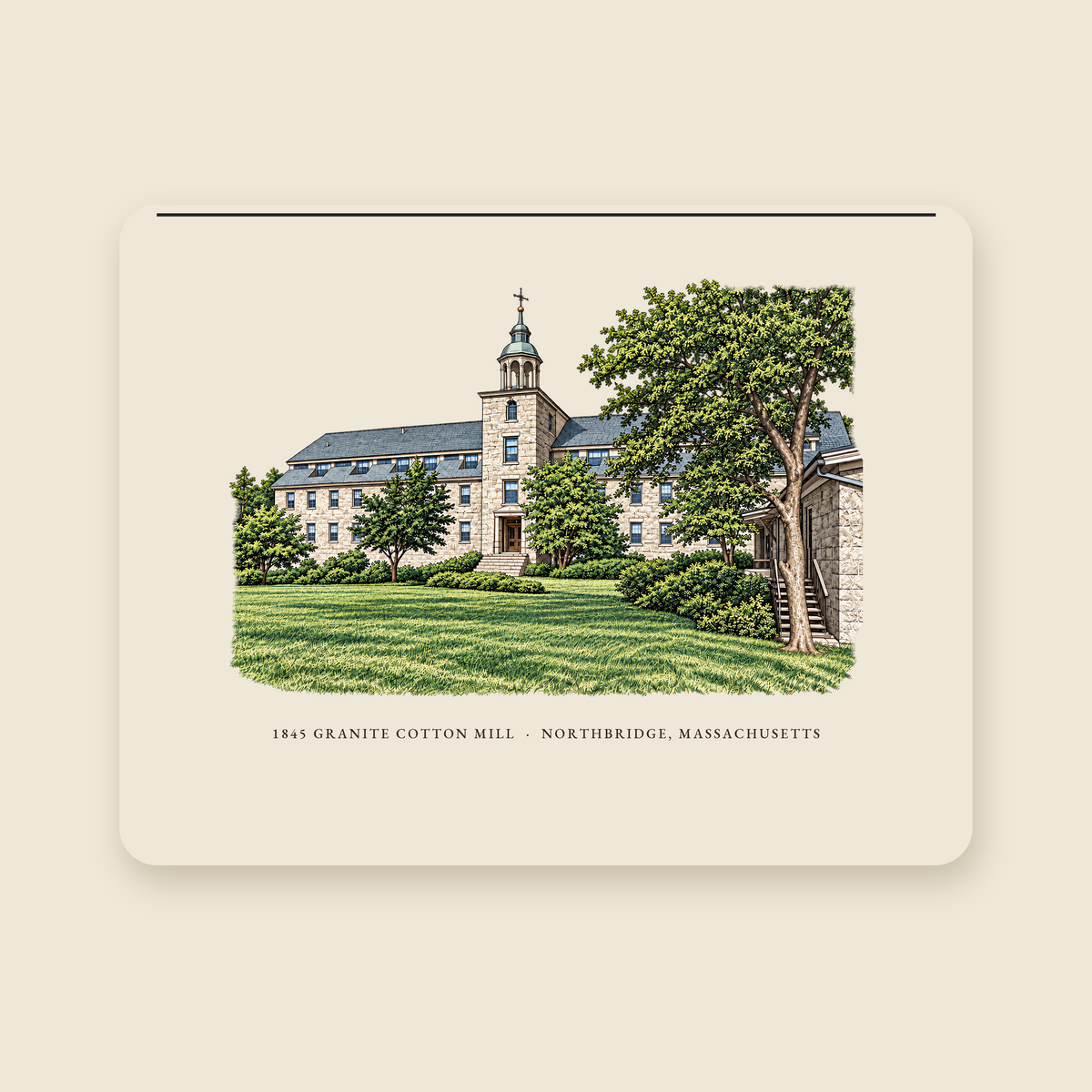 Northbridge 1845 Granite Cotton Mill illustrated laptop sleeve with the caption 1845 GRANITE COTTON MILL · NORTHBRIDGE, MASSACHUSETTS, shown on a cream background