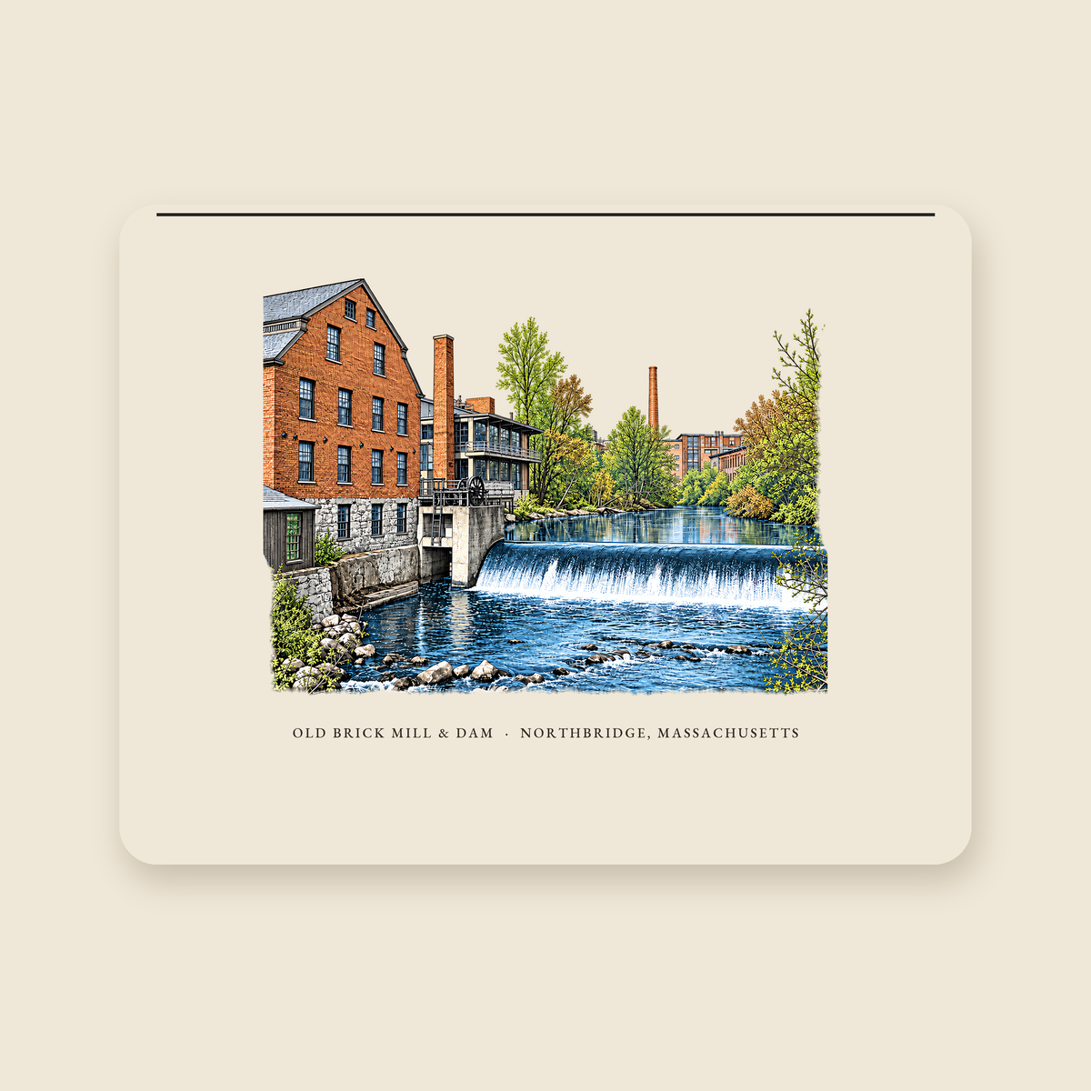 Northbridge Old Brick Mill and Mumford River Dam illustrated laptop sleeve with the caption OLD BRICK MILL & DAM · NORTHBRIDGE, MASSACHUSETTS, shown on a cream background