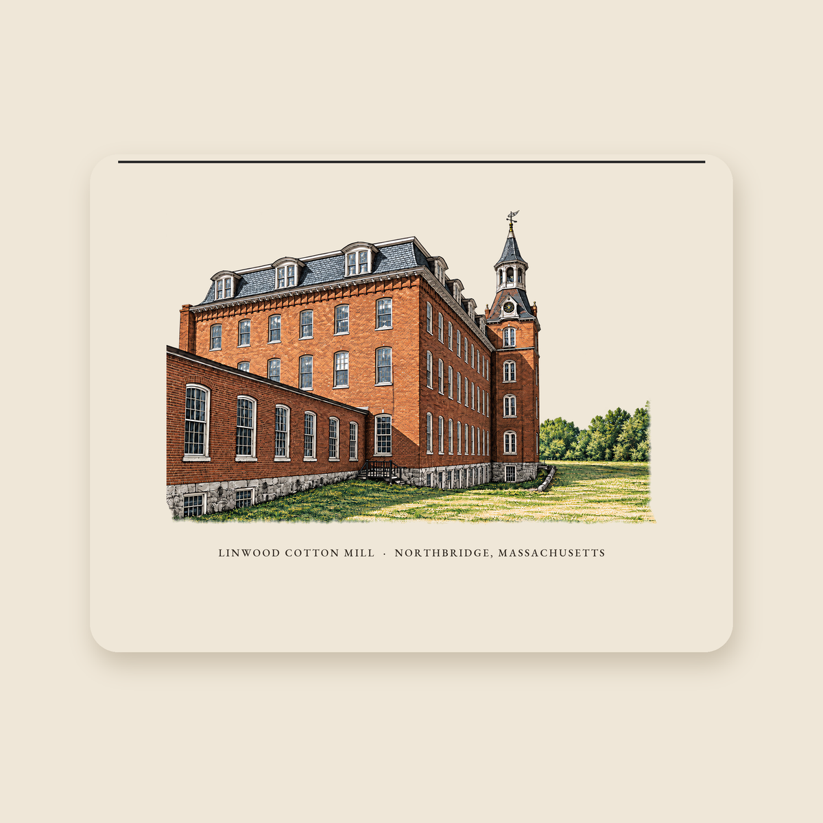 Northbridge Linwood Cotton Mill illustrated laptop sleeve with the caption LINWOOD COTTON MILL · NORTHBRIDGE, MASSACHUSETTS, shown on a cream background