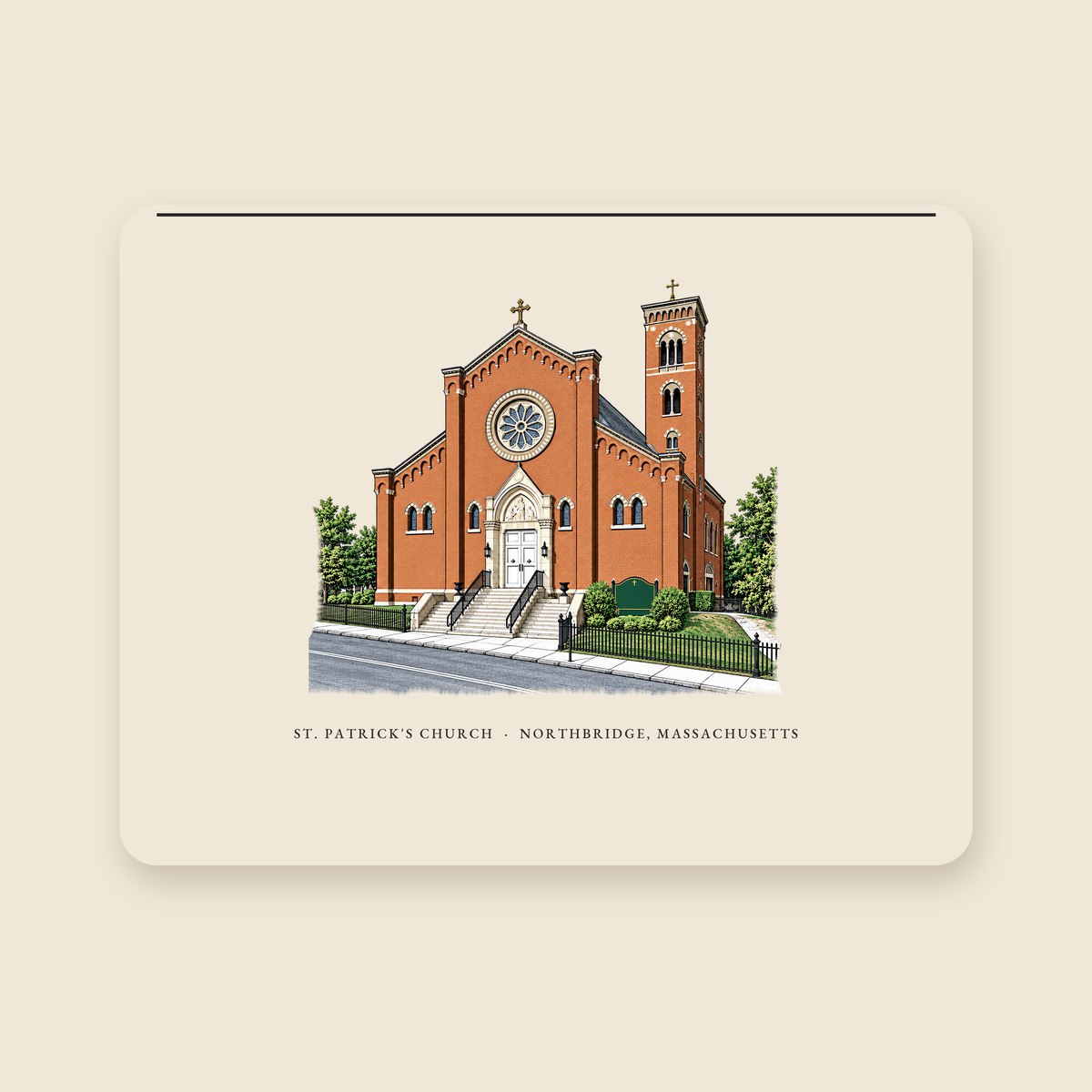 Northbridge St. Patrick's Church illustrated laptop sleeve with the caption ST. PATRICK'S CHURCH · NORTHBRIDGE, MASSACHUSETTS, shown on a cream background