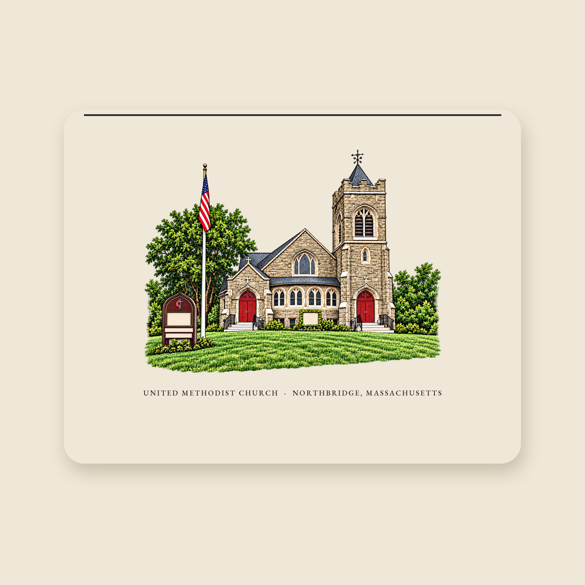 Northbridge United Methodist Church illustrated laptop sleeve with the caption UNITED METHODIST CHURCH · NORTHBRIDGE, MASSACHUSETTS, shown on a cream background