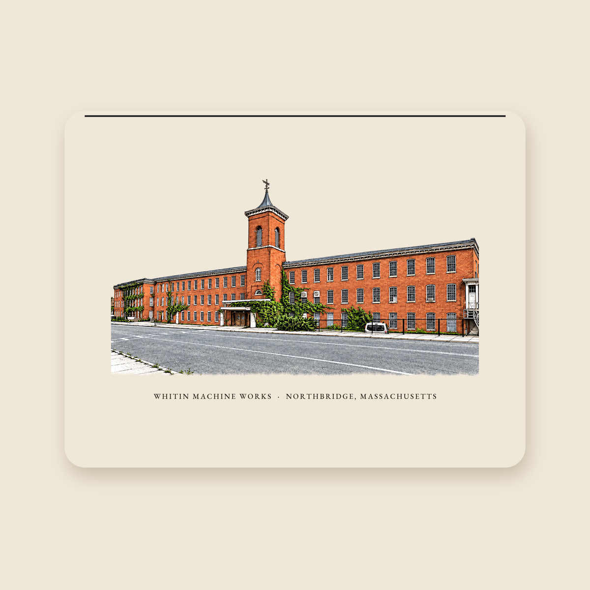 Northbridge Whitin Machine Works illustrated laptop sleeve with the caption WHITIN MACHINE WORKS · NORTHBRIDGE, MASSACHUSETTS, shown on a cream background