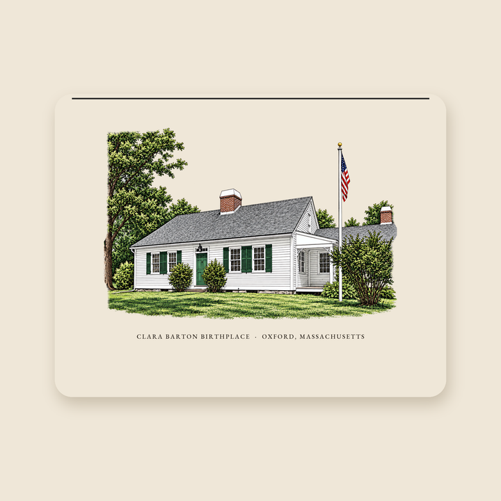 Oxford Clara Barton Birthplace illustrated laptop sleeve with the caption CLARA BARTON BIRTHPLACE · OXFORD, MASSACHUSETTS, shown on a cream background
