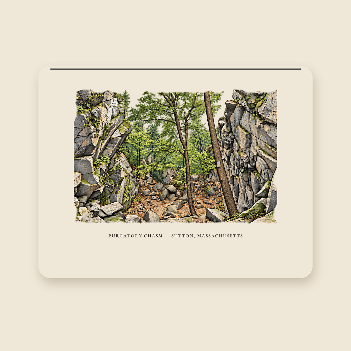 Sutton Purgatory Chasm illustrated laptop sleeve with the caption PURGATORY CHASM · SUTTON, MASSACHUSETTS, shown on a cream background