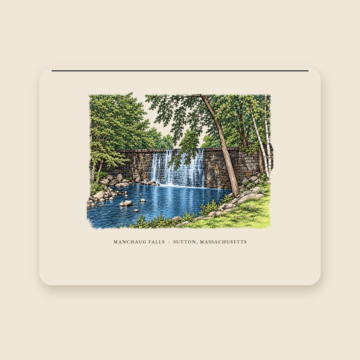 Sutton Manchaug Falls illustrated laptop sleeve with the caption MANCHAUG FALLS · SUTTON, MASSACHUSETTS, shown on a cream background